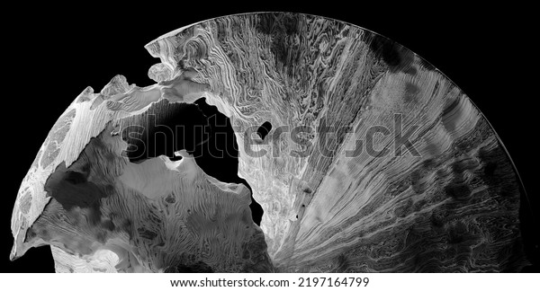 3d render of abstract art with part of black\
and white damaged 3d ball planet earth , moon or asteroid in\
spherical shape with big crack in organic rough shape on surface on\
isolated black\
background