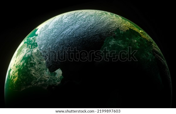 3d render of abstract art with part of 3d ball or sphere
planet with rough rock surface inside with big crack in the middle
with glowing neon emerald green light inside on isolated black
background 