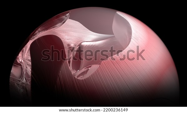 3d render of abstract art with part of surreal 3d ball
or sphere planet with smooth wavy curve lines forms rose metal rock
surface with glowing light red light inside on isolated black
background 