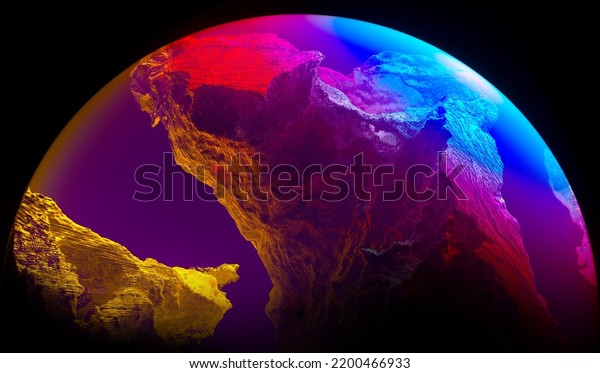 3d
render of abstract art with part or half of 3d glass ball or sphere
planet with rough rock surface inside with big crack in the middle
with glowing neon purple yellow and pink light
inside