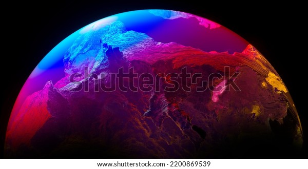 3d\
render of abstract art with part or half of 3d glass ball or sphere\
planet with rough rock surface inside with big crack in the middle\
with glowing neon purple yellow and pink light\
inside