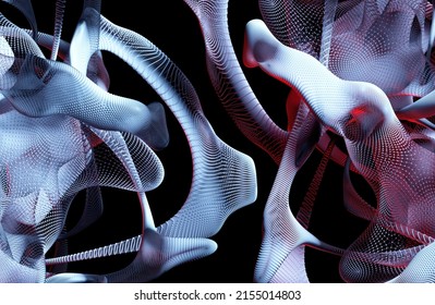 3d render abstract art with parts of surreal alien star flower in organic curve wavy biological lines forms in transformation process with atomic wire structure on surface with blue red neon lights 