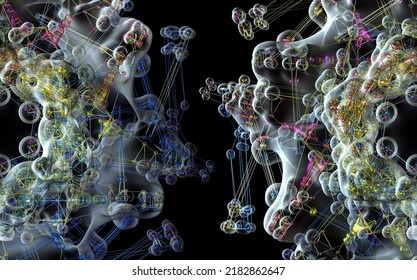 3d Render Of Abstract Art With Parts Of Surreal Kaleidoscopic Fractal Organic Star Alien Flowers Based On Triangle Pyramids Shapes In Metal Wire Structure With Transparent Plastic Parts In Yellow 