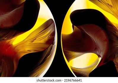 3d Render Of Abstract Art With Parts Of Surreal 3d Ball Sphere Planet With Smooth Wavy Curve Lines Forms Gold Metal Rock Surface With Glowing Yellow Contrast Light Inside On Isolated Black Background 