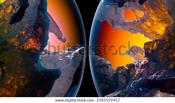 3d render of abstract art with parts of 3d glass balls\
or spheres planets with rough damaged and scratched purple rock\
surface with big cracks with glowing orange and yellow light inside\
