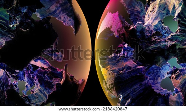 3d render of abstract art with parts of 3d glass balls\
or spheres planets with rough damaged and scratched purple rock\
surface with big cracks with glowing orange and purple light inside\
