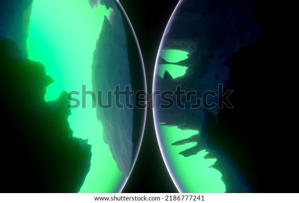 3d render of abstract art with parts or half of 3d
glass balls or spheres planets with rough rock surface inside with
big crack in the middle with glowing neon fluorescent green light
inside