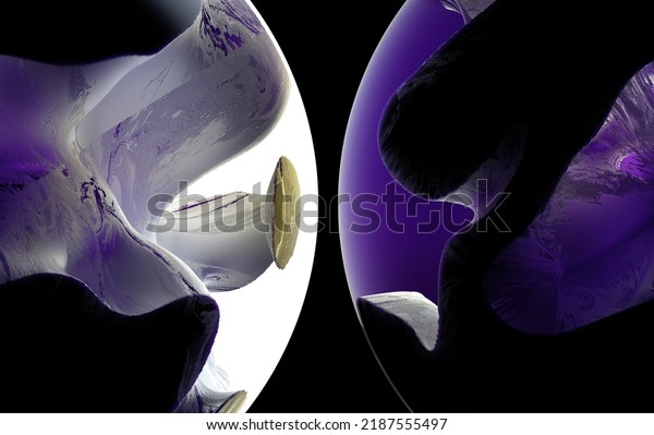 3d render
of abstract art with parts of surreal 3d balls or spheres planets
with rough damaged broken stone rock surface with glowing white and
purple contrast light inside on
black