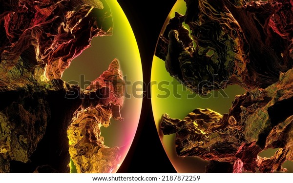 3d render of abstract art with parts of 3d glass balls\
or spheres planets with rough damaged and scratched rock surface\
with big cracks with glowing orange rose and yellow light inside\
