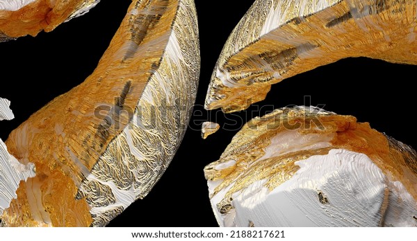 3d render of abstract art with parts of\
damaged 3d ball planet earth , moon or asteroid in spherical shape\
with big cracks in organic rough shape on surface with gold parts\
on black background