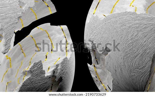 3d render of abstract art with parts of damaged 3d\
balls planets earth, moon or asteroid in spherical shape with big\
cracks in organic rough shape on surface with yellow gold stripes\
on black back
