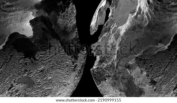 3d render of abstract art with parts of black\
and white damaged 3d ball planet earth , moon or asteroid in\
spherical shape with big crack in organic rough shape on surface on\
isolated black\
background
