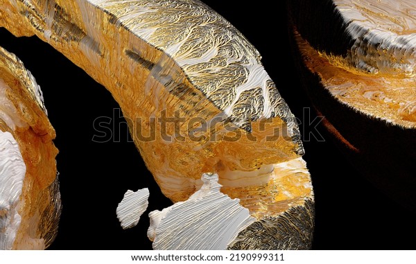 3d render of abstract art with parts of\
damaged 3d ball planet earth , moon or asteroid in spherical shape\
with big cracks in organic rough shape on surface with gold parts\
on black background