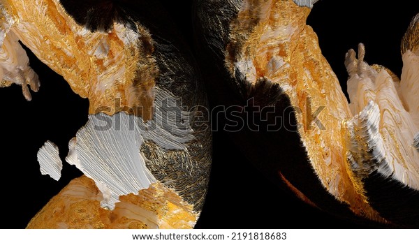 3d render of abstract art with parts of
damaged 3d ball planet earth , moon or asteroid in spherical shape
with big cracks in organic rough shape on surface with gold parts
on black background