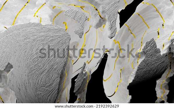 3d render of abstract art with parts of damaged 3d\
balls planets earth, moon or asteroid in spherical shape with big\
cracks in organic rough shape on surface with yellow gold stripes\
on black back