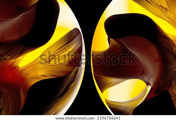 3d render of abstract art with parts of surreal 3d ball\
sphere planet with smooth wavy curve lines forms gold metal rock\
surface with glowing yellow contrast light inside on isolated black\
background 
