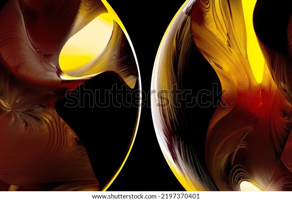 3d render of abstract art with parts of surreal 3d balls
spheres planets with smooth wavy curve lines forms gold metal rock
surface with glowing yellow contrast light inside on black
background 