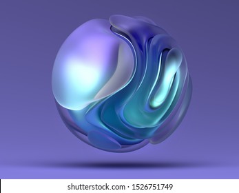 3d Render With Abstract Art Piece Sculpture 3d Ball With Matte Glass And Purple Blue Gradient Metal Material In Organic Curved Forms And Purple Background