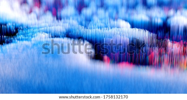 3d render of abstract art of 3d scatter topographic landscape background, with surreal hills or mountains based on small told cubes particles in blue purple and white color with depth of field effect.