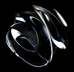 3d Render Of Abstract Art 3d Sculpture With Surreal Alien Dark Flower In Curve Wavy Spherical Biological Lines Forms In Glass And Matte Black Rubber Material On Isolated Black Background