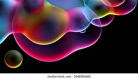 3d render of abstract art smooth and round substance based on meta balls spheres or bubbles in matte plastic material in red blue purple green and yellow gradient color on isolated black background
