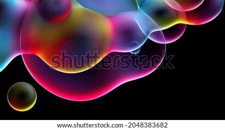 3d render of abstract art smooth and round substance based on meta balls spheres or bubbles in matte plastic material in red blue purple green and yellow gradient color on isolated black background
