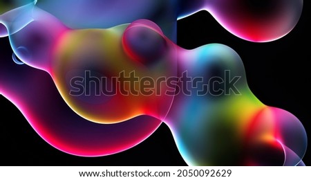 3d render of abstract art smooth and round substance based on meta balls spheres or bubbles in matte plastic material in red blue purple green and yellow gradient color on isolated black background