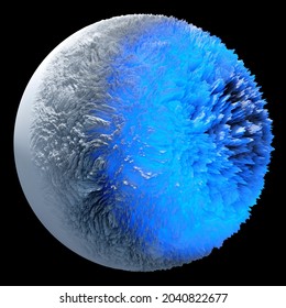 3d Render Of Abstract Art 3d Snow Ball Sphere Or Planet In Deformation Process With Blue Neon Glowing Light Side As Core In The Dark On Isolated Black Background