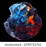 3d render of abstract art of surreal damaged stone metal mineral rock asteroid planet with rough grunge texture with neon glowing red and blue mix color parts on black background