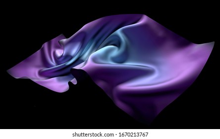 3d render abstract art surreal 3d drapery blanket textile scarf in wavy curve lines in matter satin silky material in purple   blue gradient color black background 