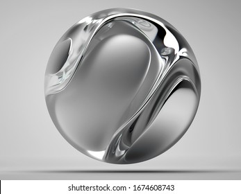 3d render abstract art and surreal 3d organic ball in curve wavy smooth   soft bio forms in matte aluminium metal material and glass parts  and dispersion effect grey background