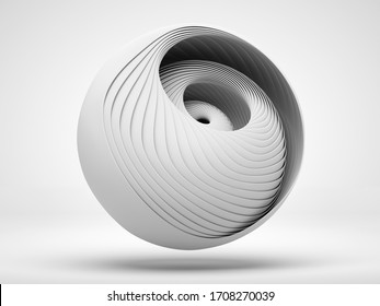 3d Render Of Abstract Art Of Surreal 3d Mechanical Ball In Swirl Twisted Round Shape In Light Grey Matte Plastic Material On White Background