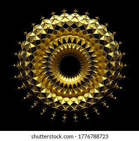 3d Render Of Abstract Art Of Surreal Mandala Symbol Of Sun Based On Spherical Fractal Ring Or Torus Geometry Shape In Matte Metal Yellow Gold Material In The Dark On Black Background