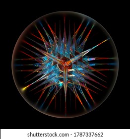 3d Render Of Abstract Art 3d Surreal Glass Ball With Cubical Fractal Mechanical Cyber Technology Crystal Or Diamond Structure Inside As Quantum Mechanism In Blue And Orange Color On Black Background