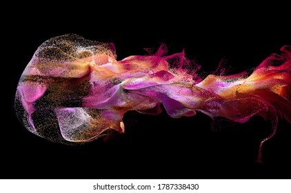 3d Render Of Abstract Art With Surreal Growing Explosion Smoke Cloud Splash Fluid Based On Small Pink And Orange Foam Balls Particles In Movement On Isolated Black Background