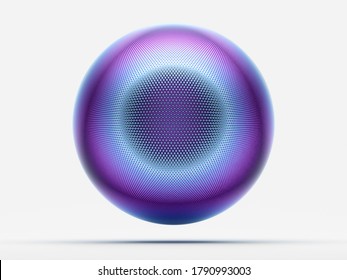 3d Render Of Abstract Art With Surreal 3d Ball Or Sphere With Small Circles Fractal Pattern On Surface In Neon Glowing Purple And Blue Gradient Color In Matte Aluminium Material On Isolated White Back