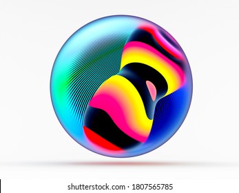 3d Render Of Abstract Art Surreal Glass Ball With Two Organic Curve Round Wavy Meta Substance Inside In Blue Red Yellow And Green Gradient Fluorescent Color With Lines Pattern On Surface On White