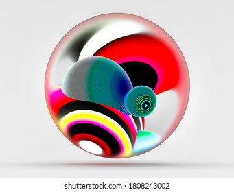 3d Render Of Abstract Art Surreal Glass Ball With Two Organic Curve Round Wavy Meta Substance Inside In Blue Red Yellow And Green Gradient Fluorescent Color With Lines Pattern On Surface On Light Grey