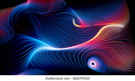 3d render of abstract art of surreal background with curve wavy spiral and twisted magic miracle fantasy concentric tungsten filament lines in red and blue gradient glowing color light in the dark