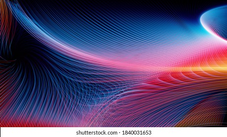 3d render of abstract art of surreal background with curve wavy spiral and twisted magic miracle fantasy concentric tungsten filament lines in rainbow gradient glowing color light in the dark