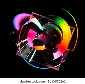 3d render of abstract art with surreal flying meta balls cubes and rings or festive party balloons with parallel lines pattern on surface with neon glowing pink yellow and blue color lights on black