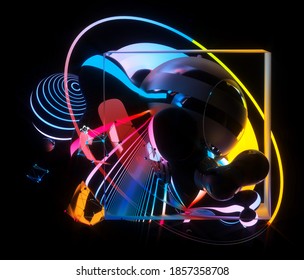 3d render of abstract art with surreal flying meta balls cubes and rings or festive party balloons with parallel lines pattern on surface with neon glowing pink yellow and blue color lights on black