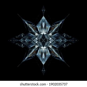 3d Render Of Abstract Art With Surreal 3d Cyber Star Or Alien Snow Flake Crystal Diamond Object Based On Triangles And Pyramids Fractal Structure In Ice Glass Material With Dispersion Effect