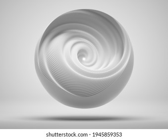 3d Render Of Abstract Art Of Surreal 3d Mechanical Ball In Swirl Infinity Twisted Round Shape In Light Grey Matte Plastic Material With Light Inside On White Background