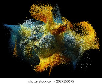 3d render of abstract art with surreal explosion powder foam cloud based on small balls spheres or bubbles particles in yellow blue and white color in plastic and metal material on isolated black back