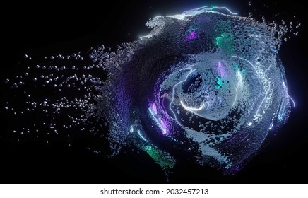 3d render of abstract art of surreal twisted spiral tornado hurricane based on small balls spheres atoms or bubbles particles in matte and glossy aluminium metal with neon blue glowing lightning lines