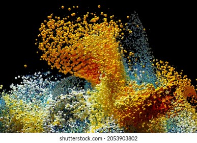 3d Render Of Abstract Art With Surreal Explosion Powder Foam Cloud Based On Small Balls Spheres Or Bubbles Particles In Yellow Blue And White Color In Plastic And Metal Material On Isolated Black Back