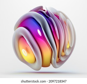 3d render of abstract art of surreal ball or sphere in curve wavy organic biological lines forms in glossy plastic and matte parts in purple and orange gradient color on white background