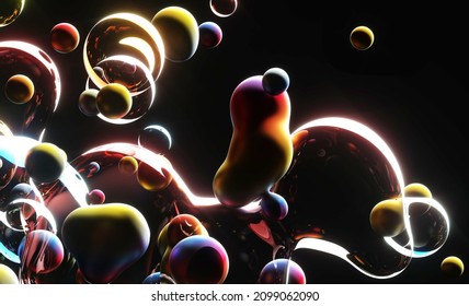 3d Render Of Abstract Art Of Surreal Object Based On Meta Balls Spheres Glass Drops Water Liquid In Rainbow Gradient Color In Transition Deformation Process On Black Background