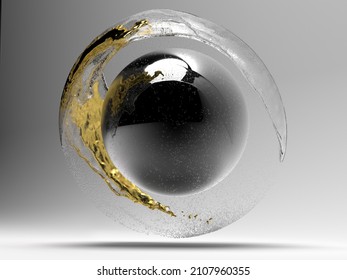 3d Render Of Abstract Art With Surreal Flying Black Glossy Silver Metal Ball Or Sphere With Swirl Twisted Splash Liquid Around, Mix Of Yellow Gold And Water On Grey Background  